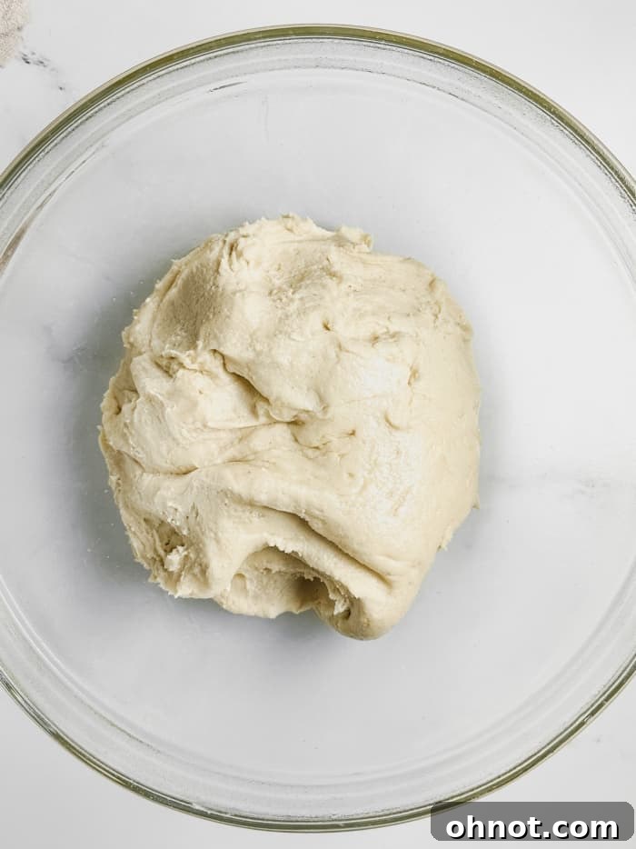 A ball of sticky gluten-free dough in a mixing bowl after being kneaded.
