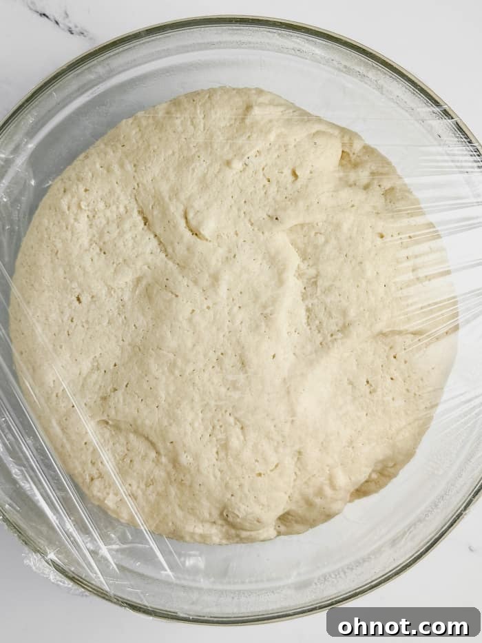 A mixing bowl covered with plastic wrap, containing gluten-free dough during its first rise.