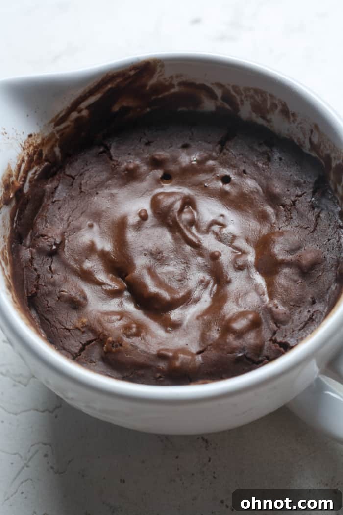 Microwaved chocolate mug cake, perfectly cooked.