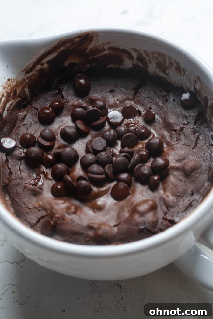 High protein mug cake with melting chocolate chips on top.