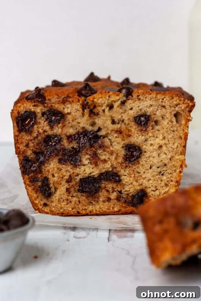 Paleo banana bread, a light and fluffy loaf filled with dark chocolate chips