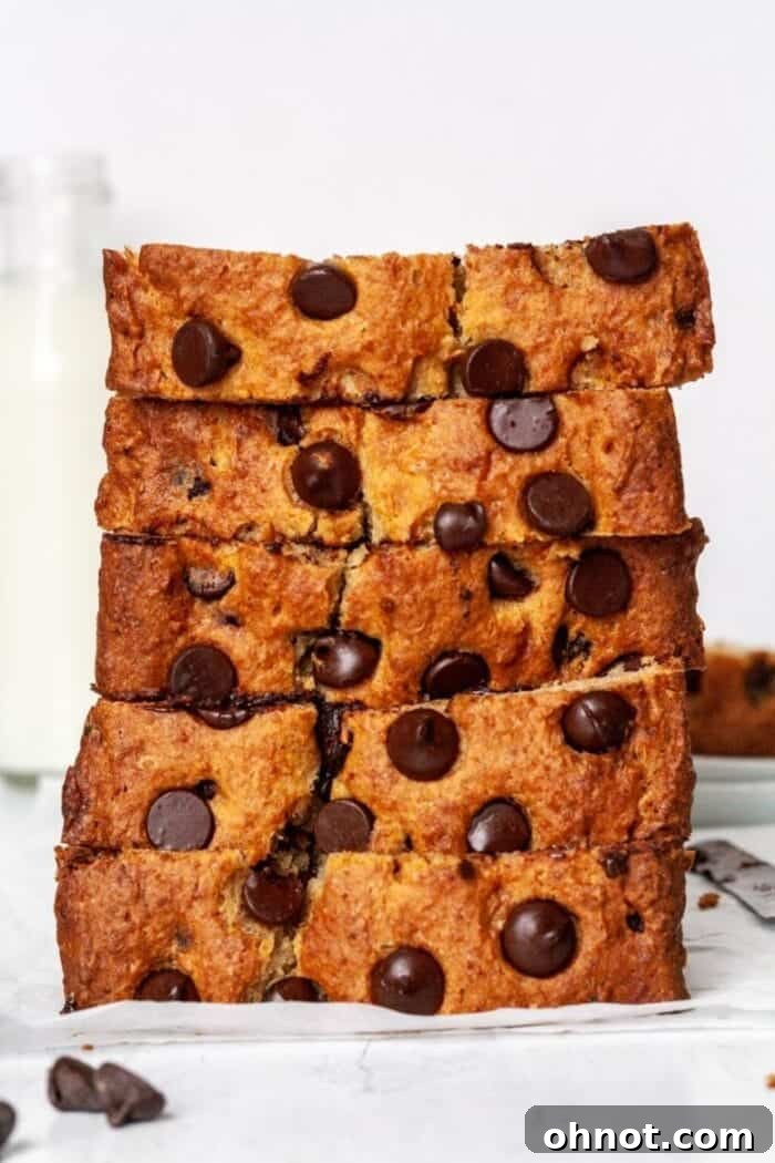 Stacked slices of Paleo banana bread with chocolate chips
