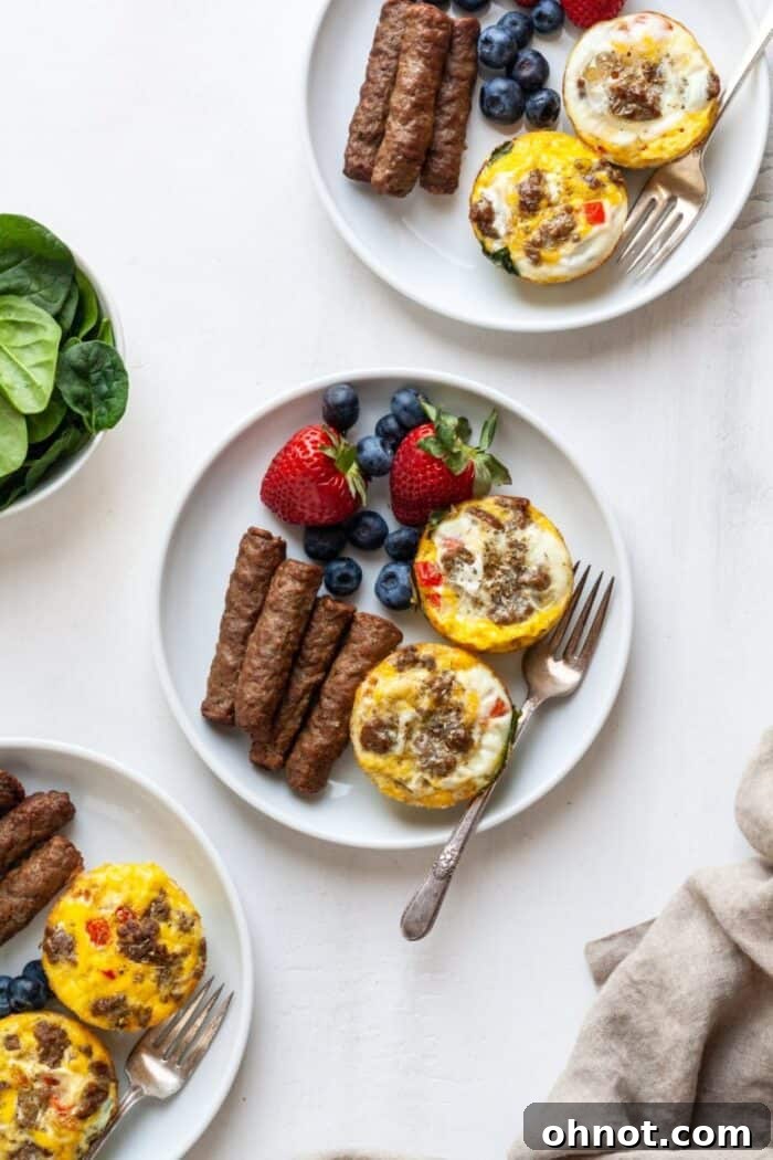 Close-up of a perfectly baked Keto egg muffin on a clean white plate, highlighting its delicious texture and healthy ingredients.