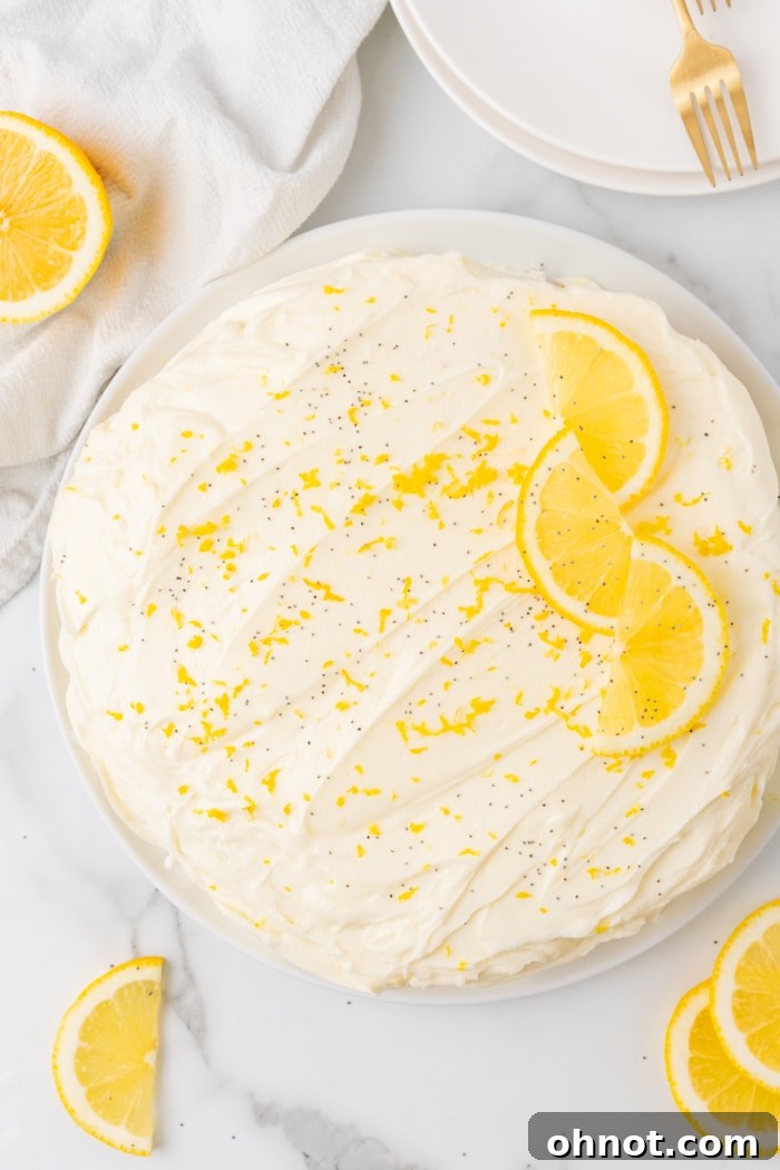 A fully frosted lemon poppy seed cake, garnished and ready.