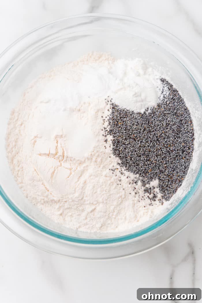 Bowl with flour, sugar, and poppy seeds.