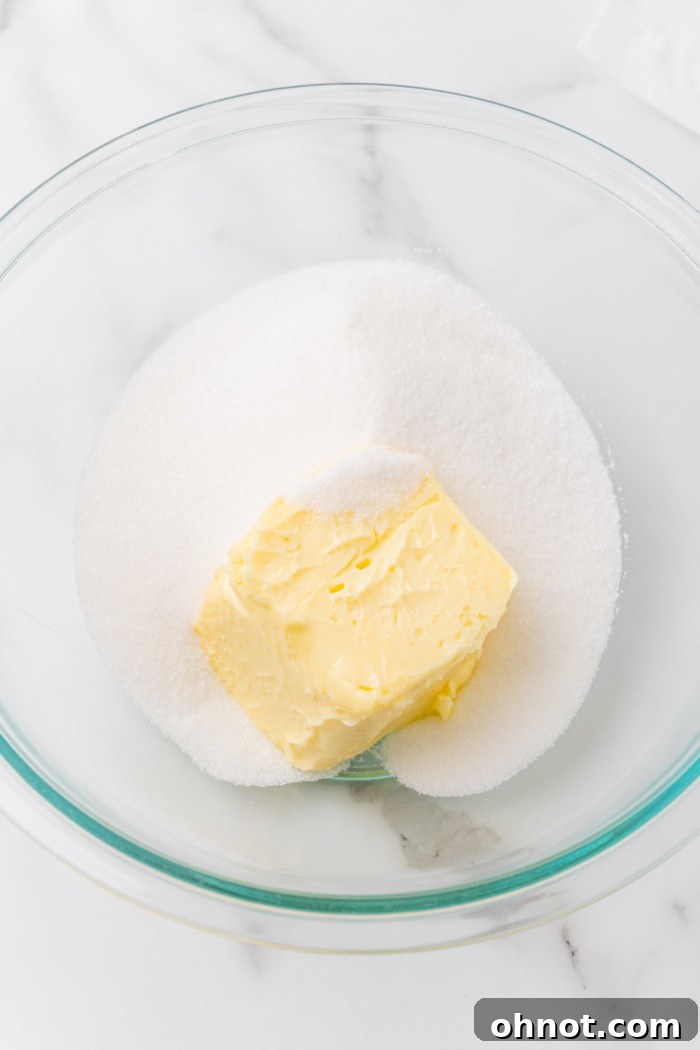 Softened butter and granulated sugar in a mixing bowl.