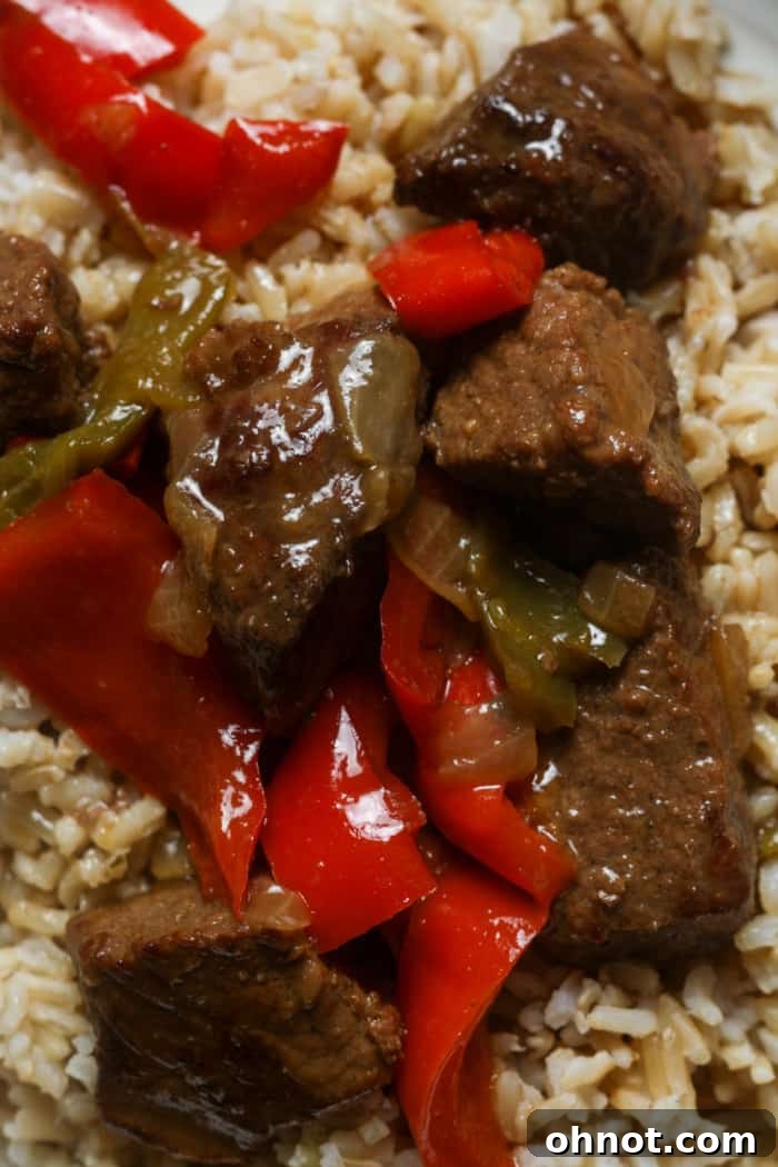 Chunks of beef with peppers and onions in gravy.