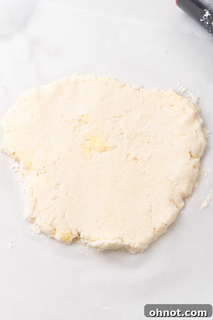 Circular ball of dough rolled out on a floured surface.