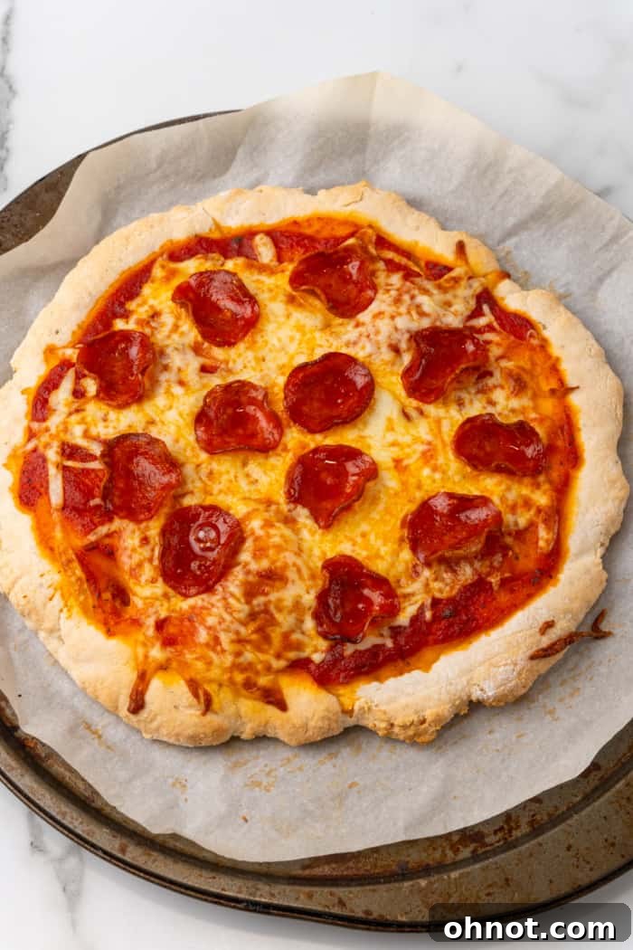 Baked pepperoni pizza.