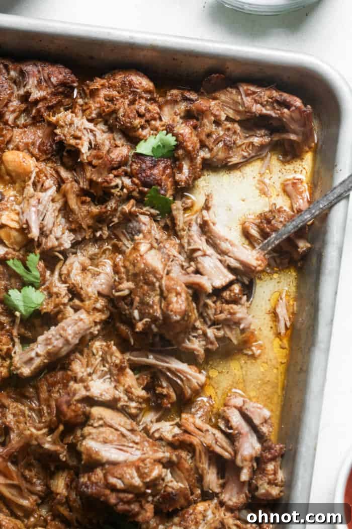 Tender and crispy Instant Pot carnitas ready to serve in a bowl.