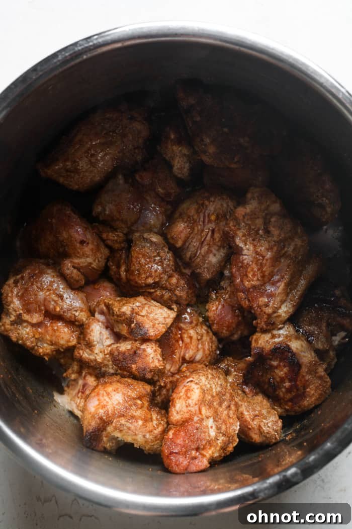 Seared pork chunks in the Instant Pot liner.