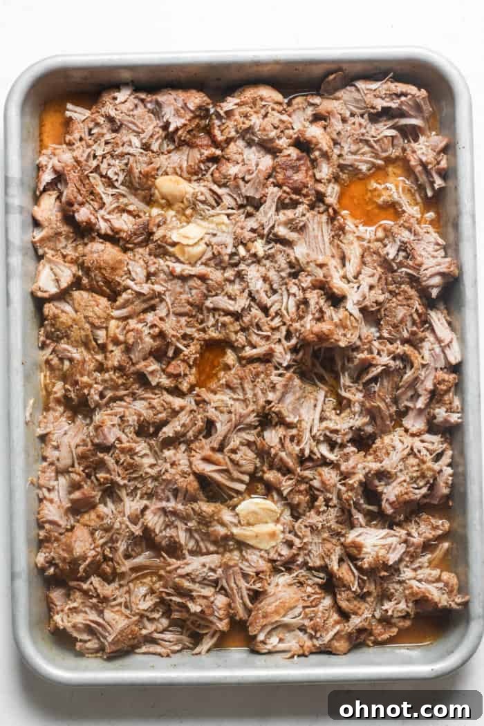 Shredded pork with cooking liquid in the Instant Pot.