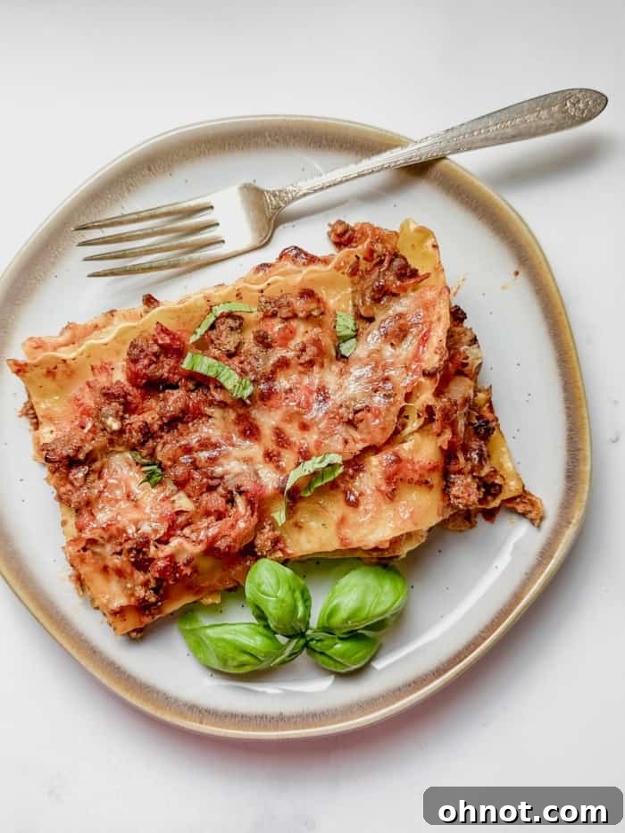 Gluten-free lasagna, freshly baked and served in a baking dish, showcasing its golden-brown cheesy top and rich layers.