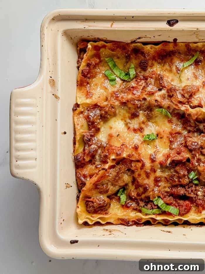 Golden-brown and bubbly cheesy baked gluten-free lasagna, fresh out of the oven.
