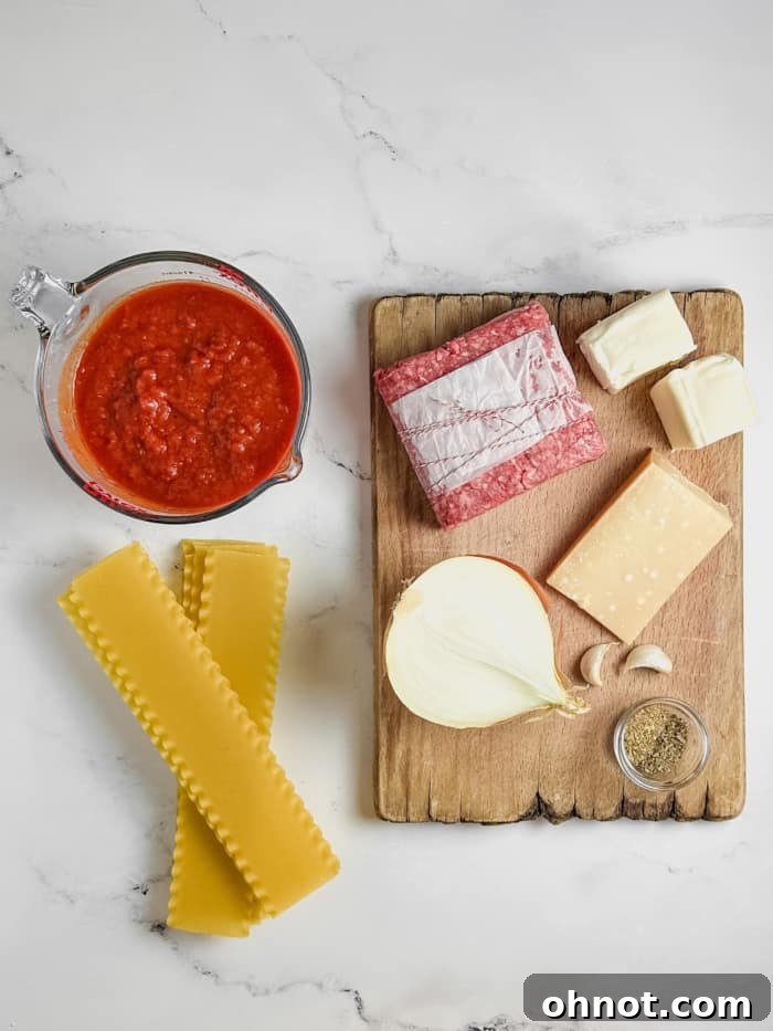 Assortment of fresh ingredients for gluten-free lasagna including ground meat, marinara, cheese, and gluten-free noodles.