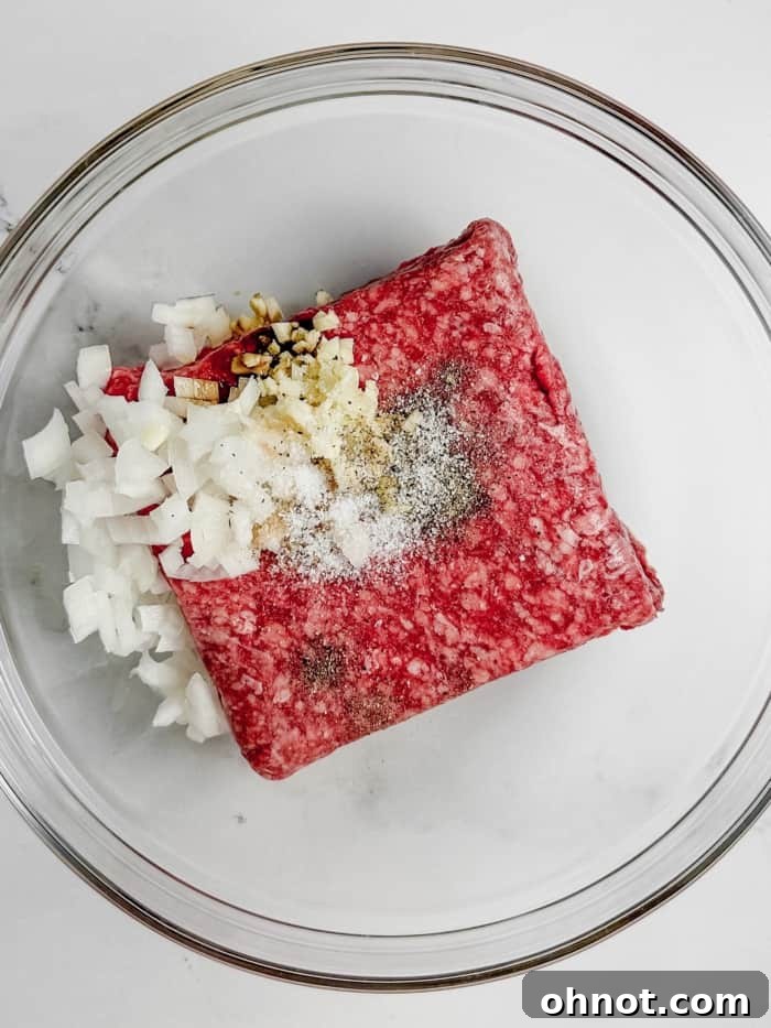 Ground beef mixed with finely chopped onions, ready for seasoning.