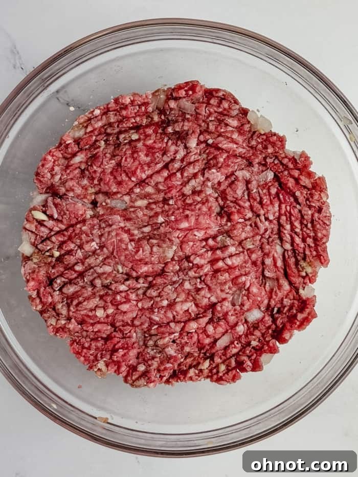 Ground meat mixture with onions and seasonings, thoroughly combined in a bowl.