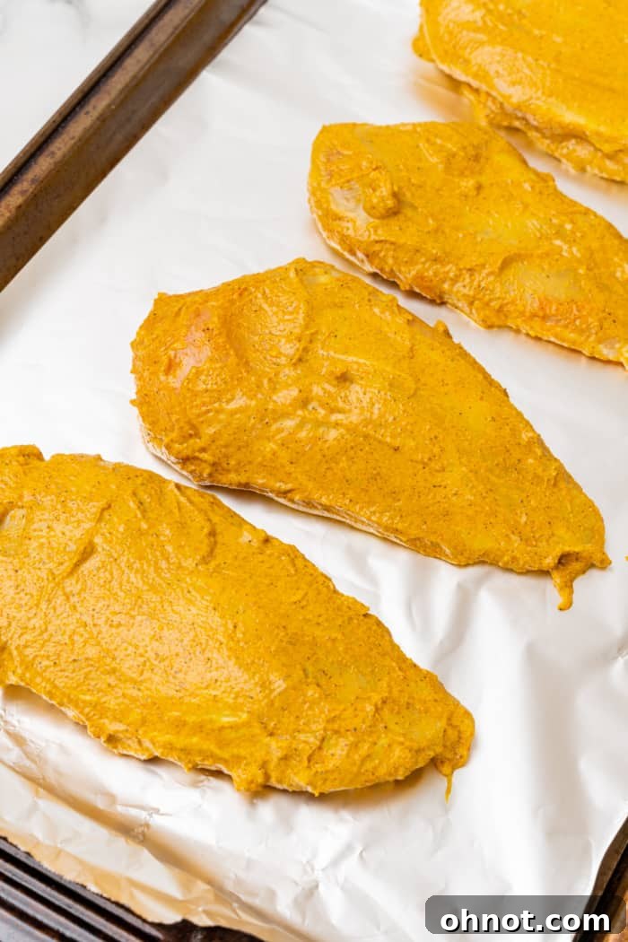 Marinated chicken pieces, rich with Indian spices, laid out on a baking sheet or grill rack.