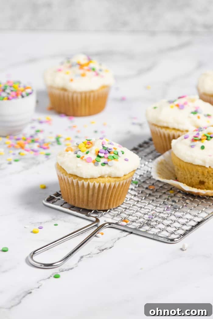 Beautifully frosted vanilla cupcakes with decorative sprinkles.