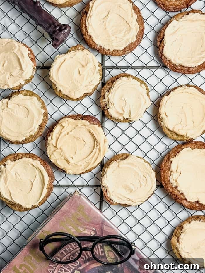 Finished Butterbeer cookies with rich butterscotch frosting.