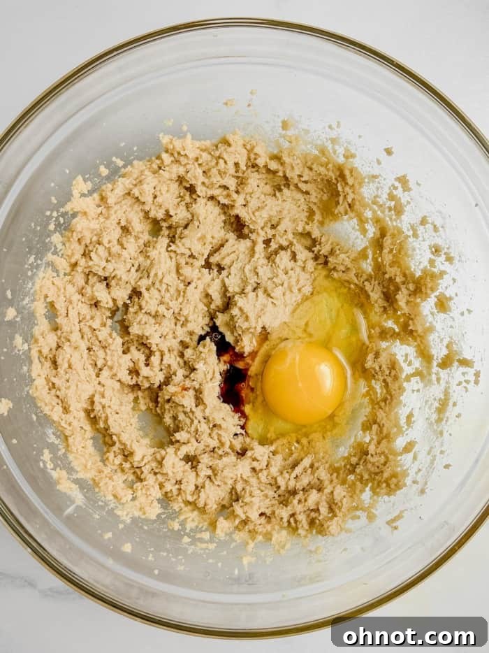 Egg and vanilla extract blended into the cookie dough.