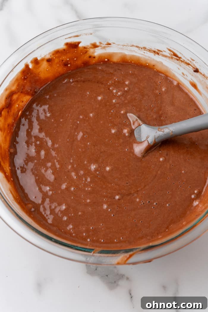 Smooth chocolate cake batter.