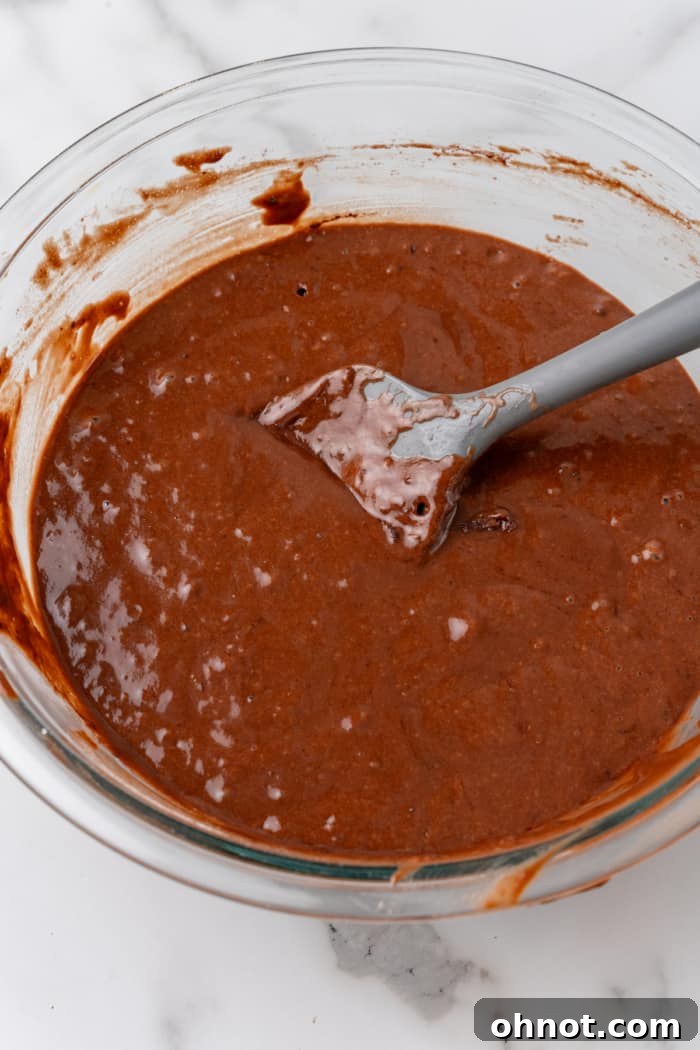Chocolate cake batter in bowl.
