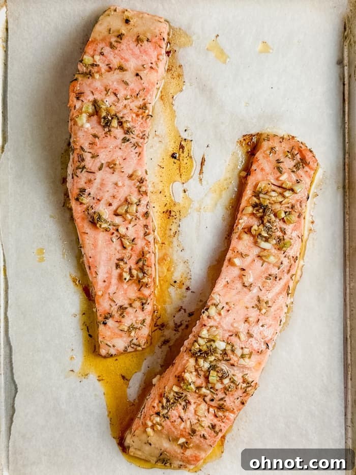 Baked steelhead trout fillets resting on a baking pan, golden brown and flaky.