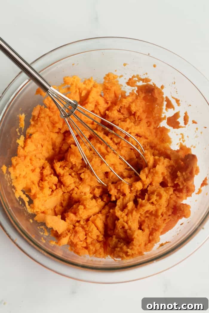 Bowl of freshly mashed sweet potatoes.