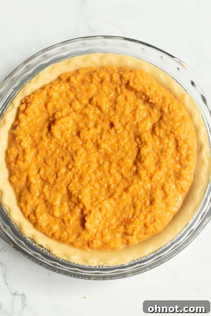 Unbaked sweet potato pie filling poured into a pie crust.