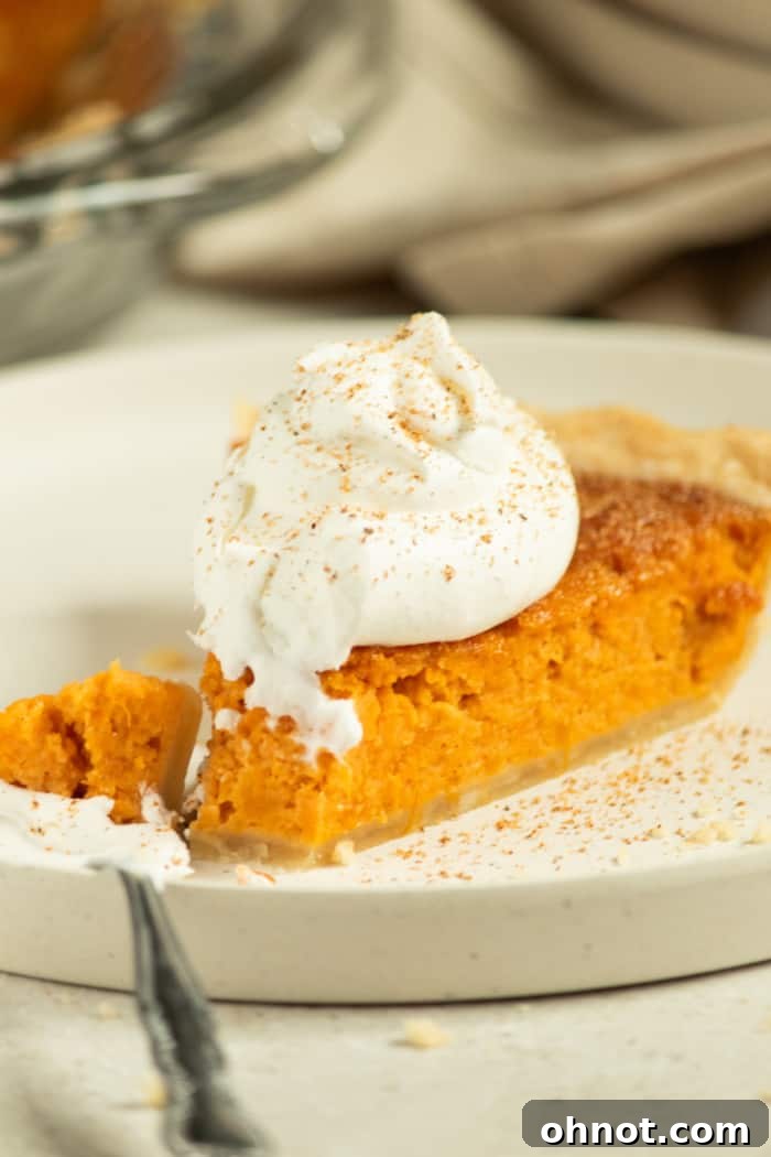 A beautifully baked sweet potato pie topped with generous swirls of whipped cream, ready for serving.