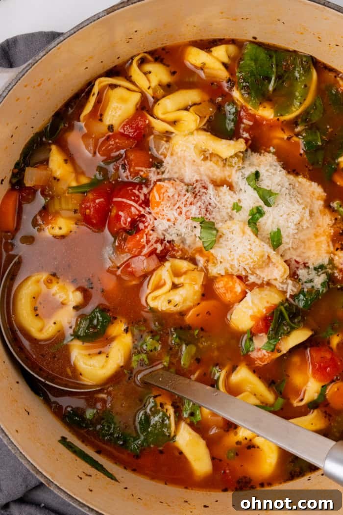 A large Dutch oven filled with a rich, simmering tortellini soup, ready to be served, showing off its inviting texture.