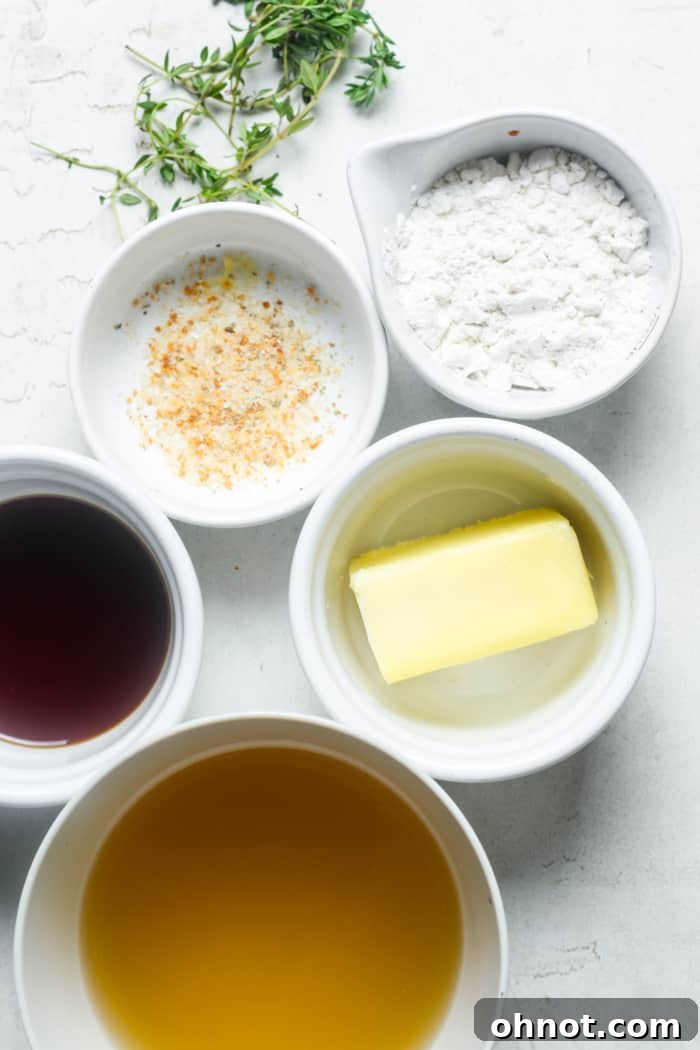 A collection of ingredients for gluten-free gravy laid out on a table.