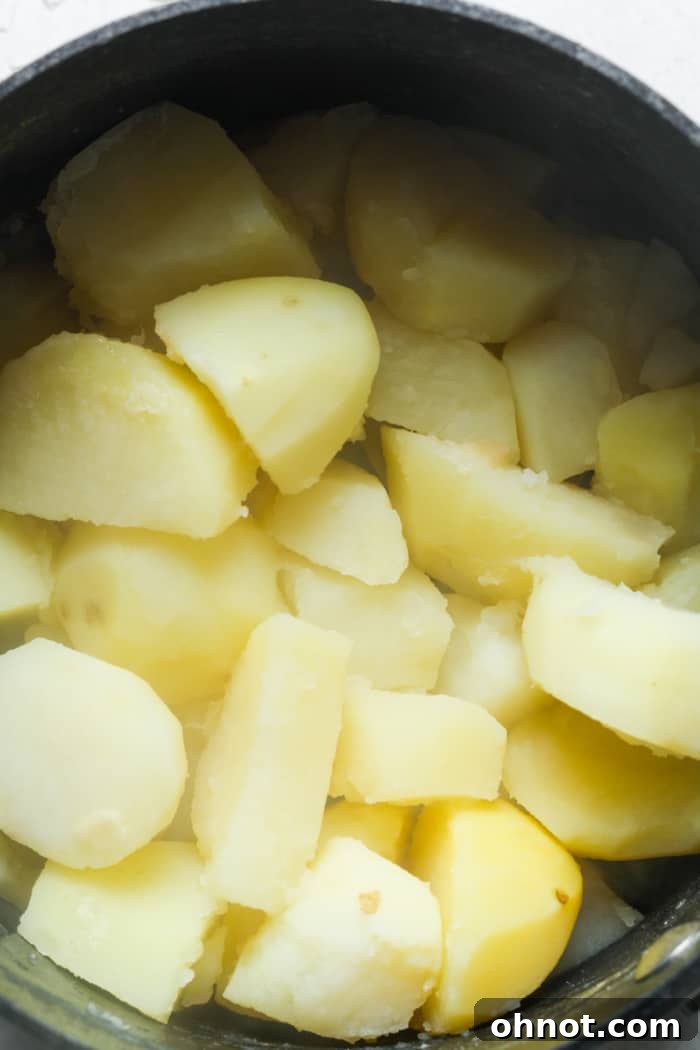 Soft, cooked potato chunks in a saucepan after draining.