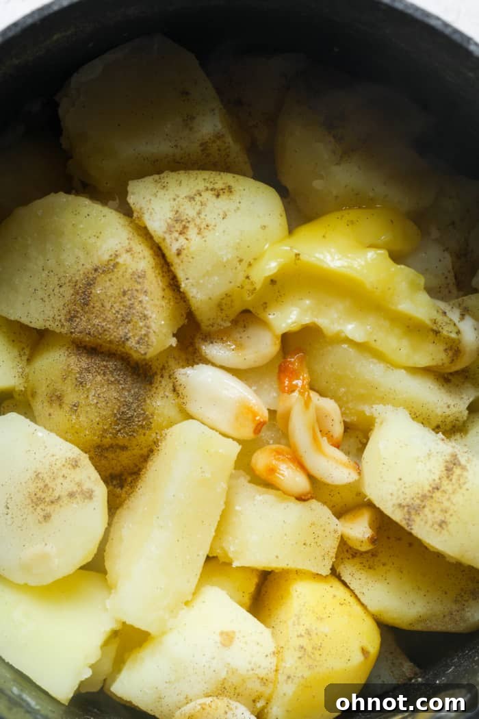 Mashed potatoes with roasted garlic and vegan butter in a pan.