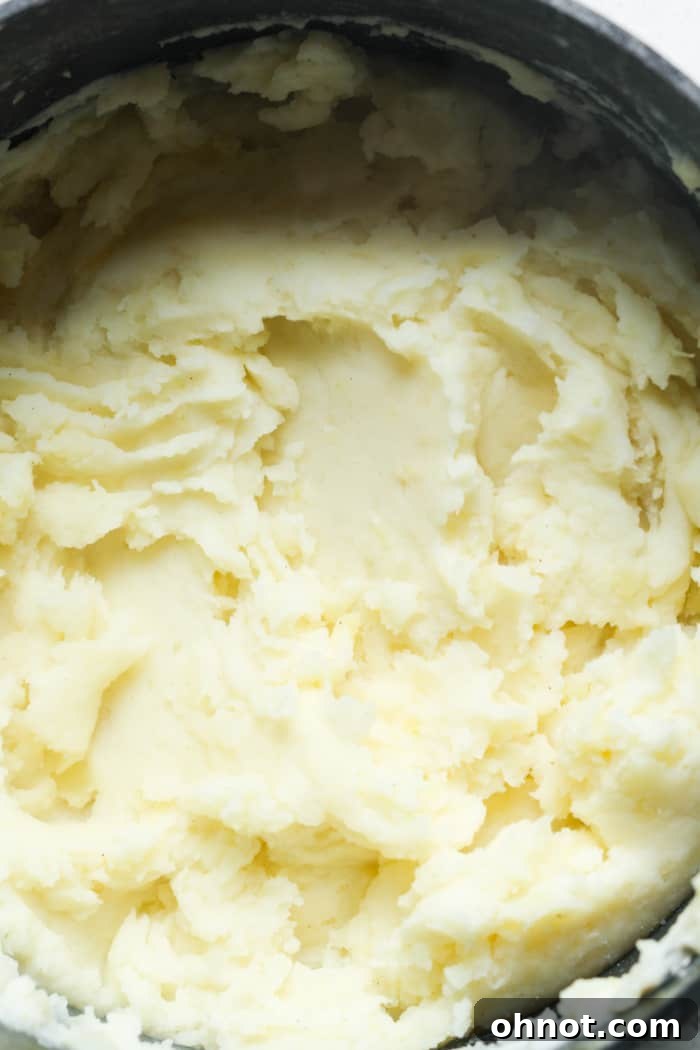 Creamy, fully mashed vegan potatoes in a saucepan, ready to serve.