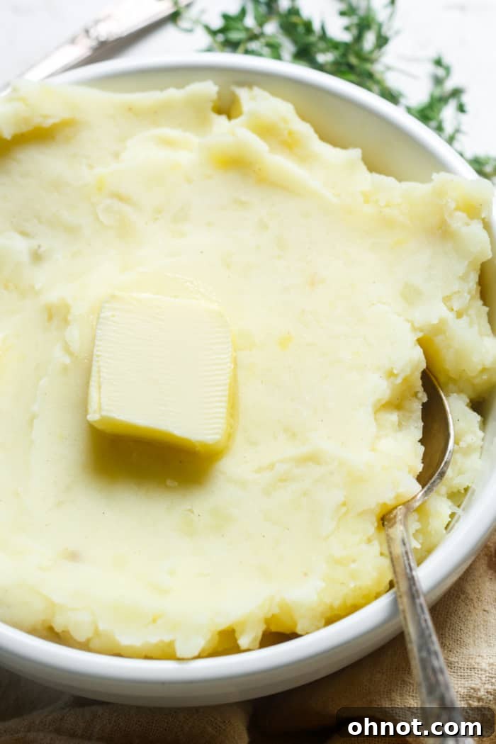 A spoonful of creamy vegan mashed potatoes being served from a bowl.