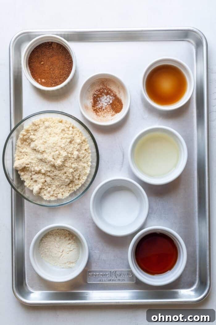 Healthy ingredients laid out for making gluten-free, dairy-free Snickerdoodles, including flours, coconut oil, and spices.