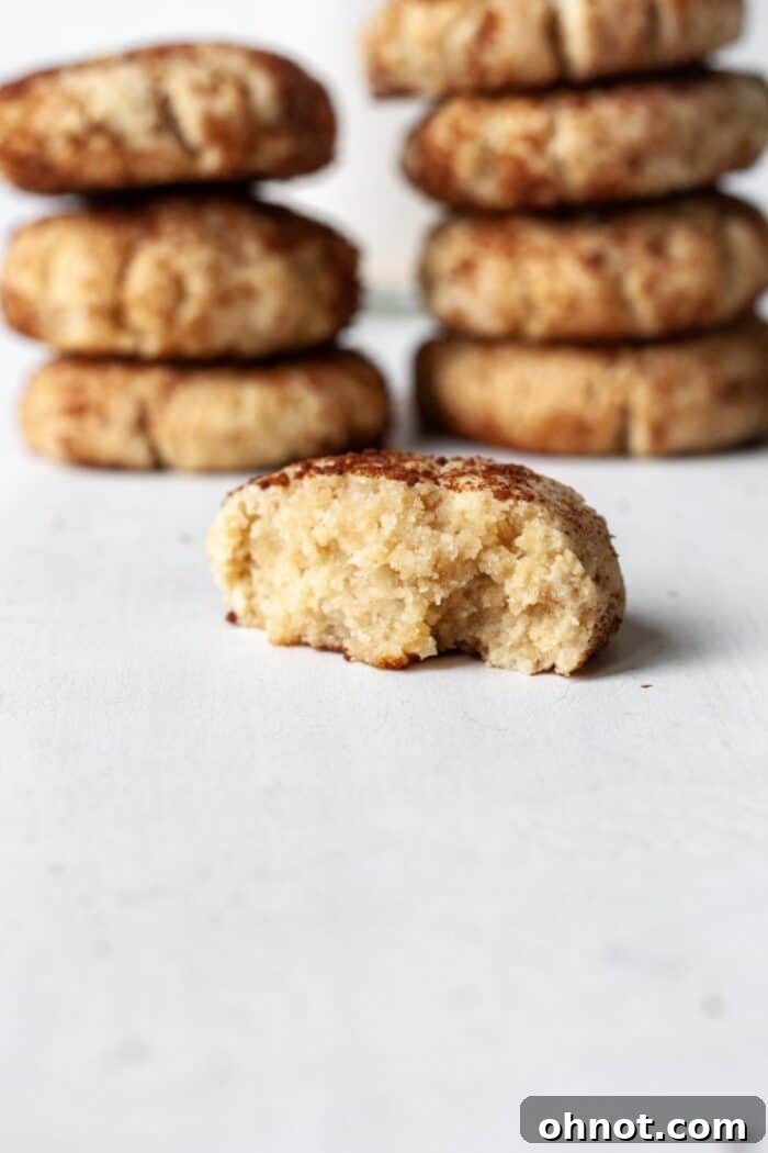 A stack of perfectly baked Vegan Snickerdoodle cookies, coated with cinnamon sugar.