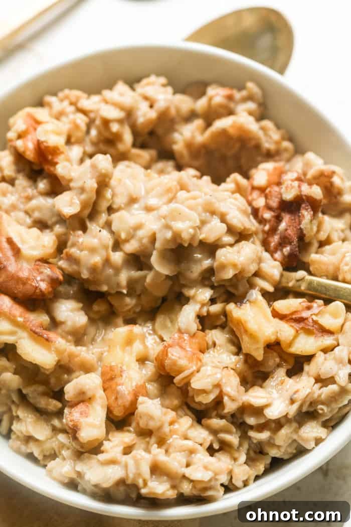 A beautifully presented bowl of creamy vegan oatmeal, garnished with fresh berries and a sprinkle of cinnamon.