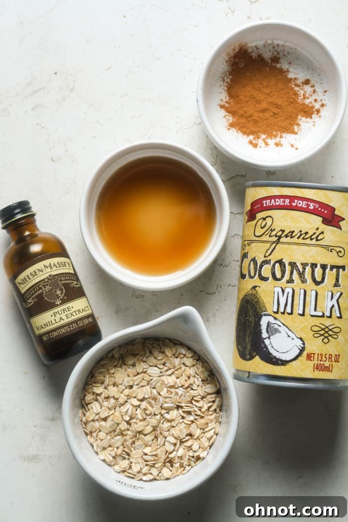 A flat lay image displaying the five core ingredients for vegan oatmeal: rolled oats, canned coconut milk, vanilla extract, pure maple syrup, and cinnamon sticks.