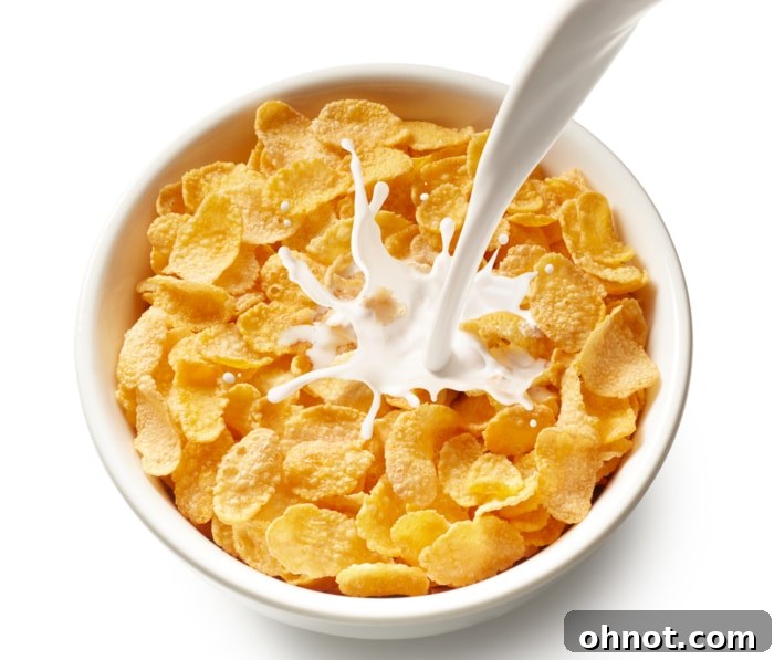 Are corn flakes gluten free? A bowl of golden corn flakes with a splash of milk.