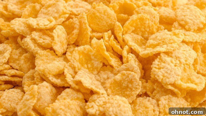 A close-up shot of crispy, golden corn flakes in a cereal bowl, ready for milk.