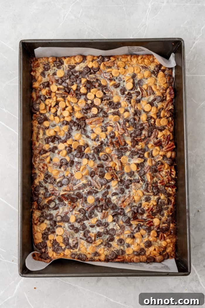 Freshly baked 7 layer bars, golden brown and bubbly.