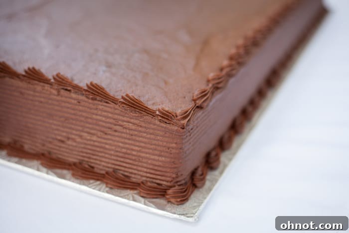 Delicious chocolate sheet cake with rich frosting, ready to be sliced and served.