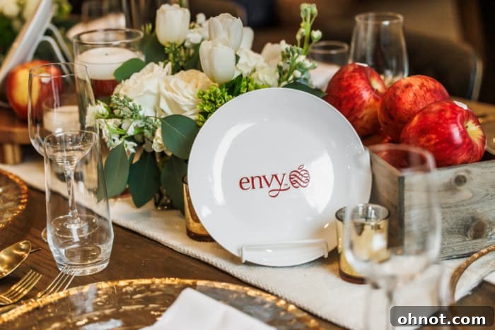Beautifully decorated table featuring Envy Apples as centerpieces and ingredients.