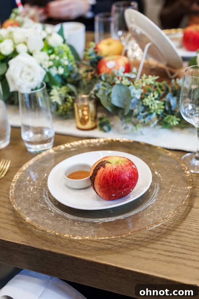 Creative dessert: a hollowed Envy apple filled with frozen yogurt and chocolate drizzle.
