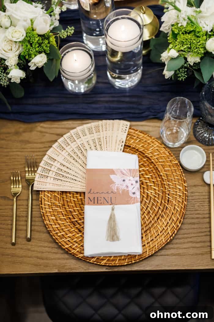 Elegant charger plate with a dinner menu for the Fresh Air Retreat.