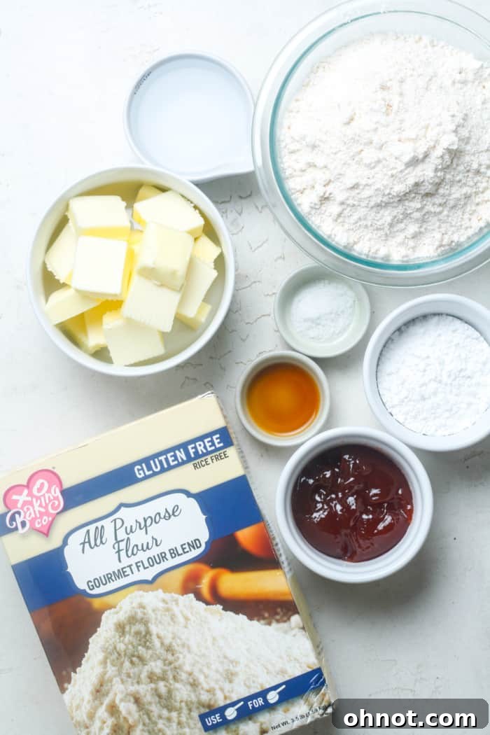 Ingredients for gluten free pop tarts laid out on a surface.