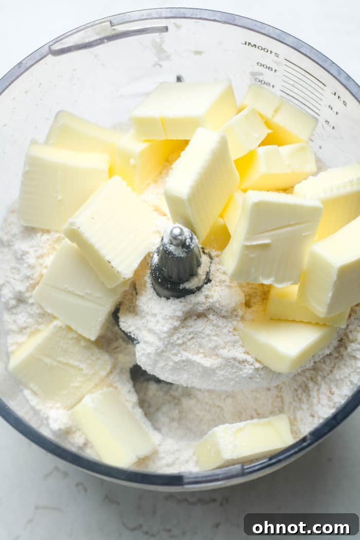 Butter cubes and flour in food processor before mixing.
